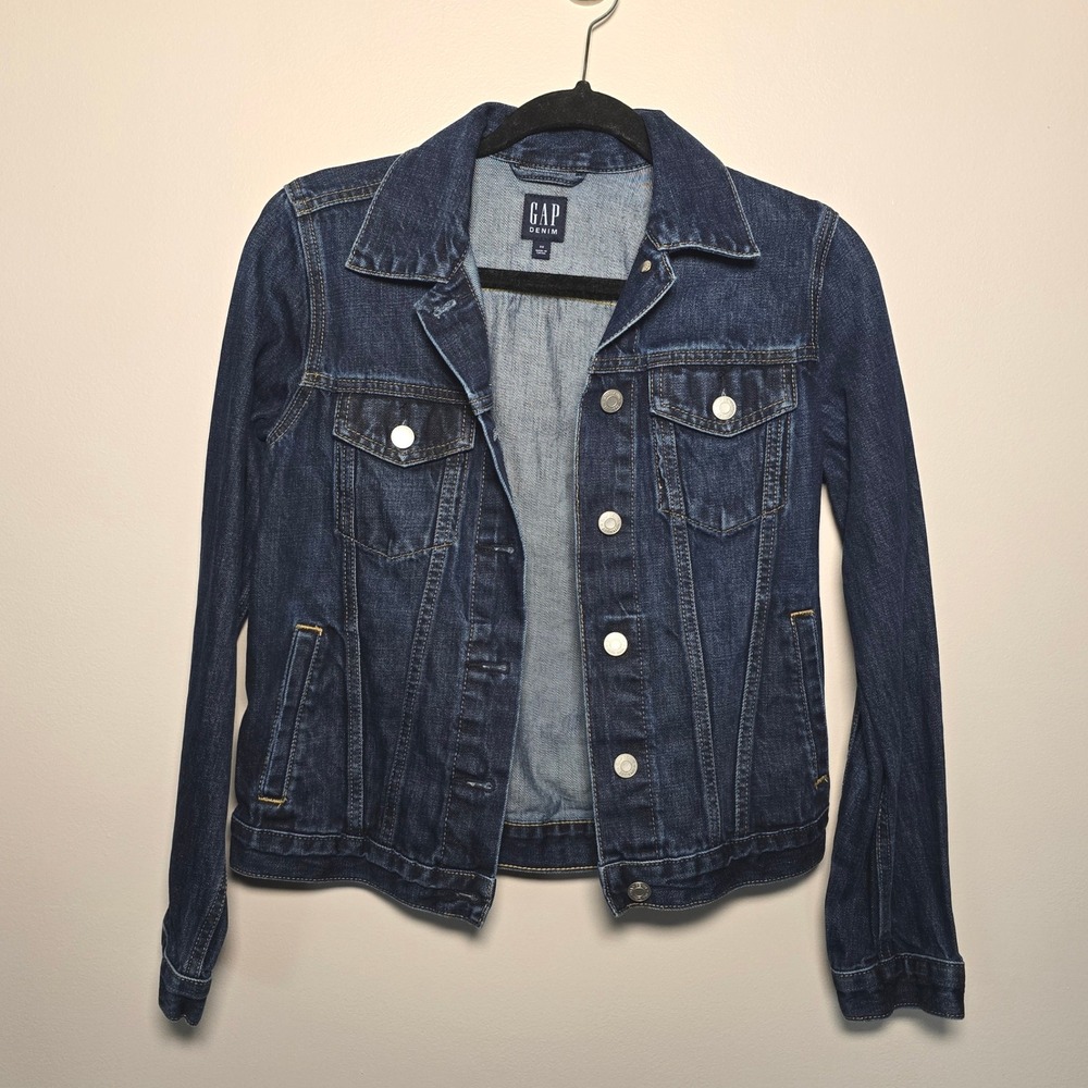 GAP Denim Jacket Womens XS Dark Wash Button Front Classic Trucker Blue